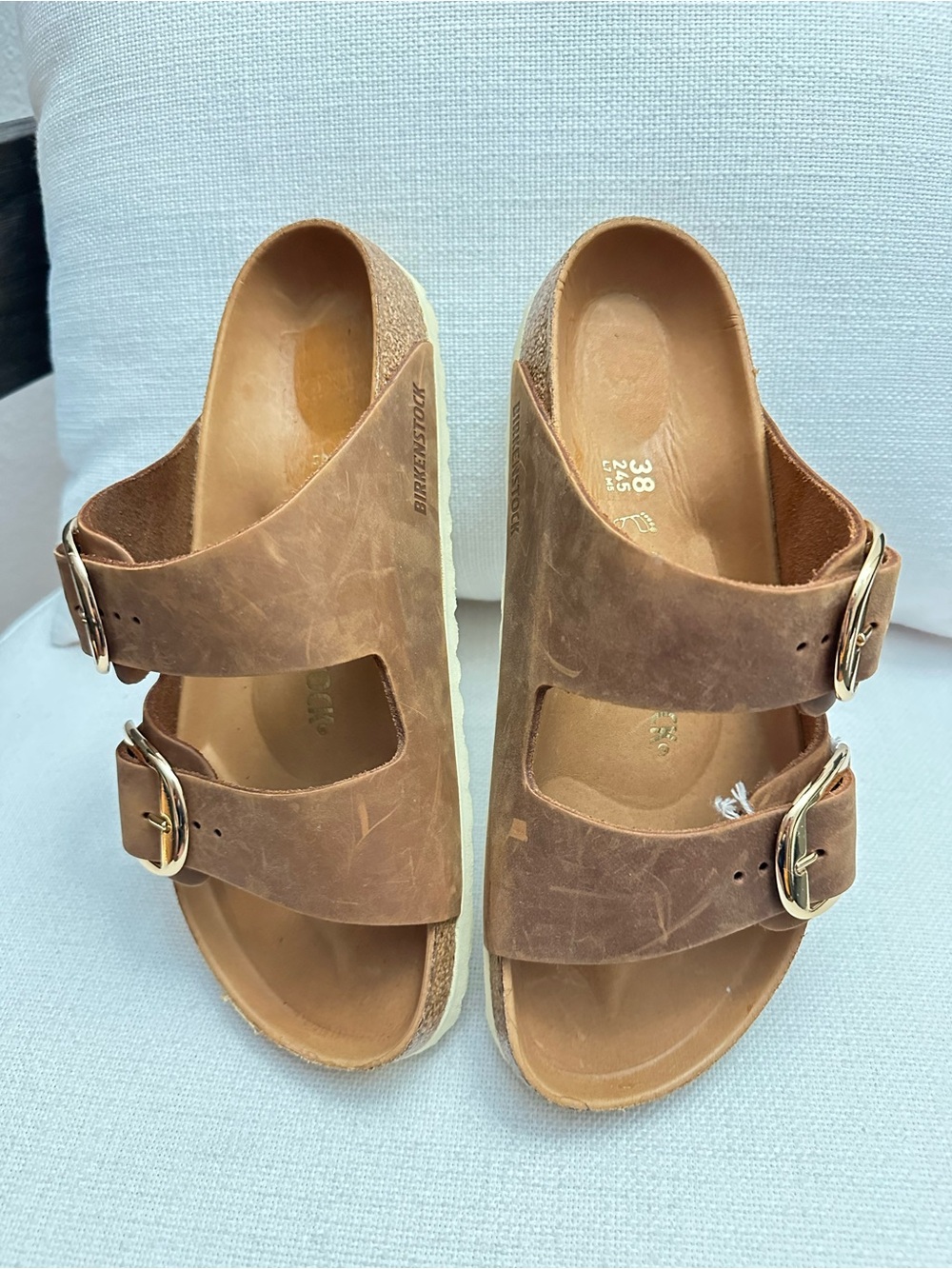 Birkenstock Brown Leather Double-Strap Sandals with Gold Buckles